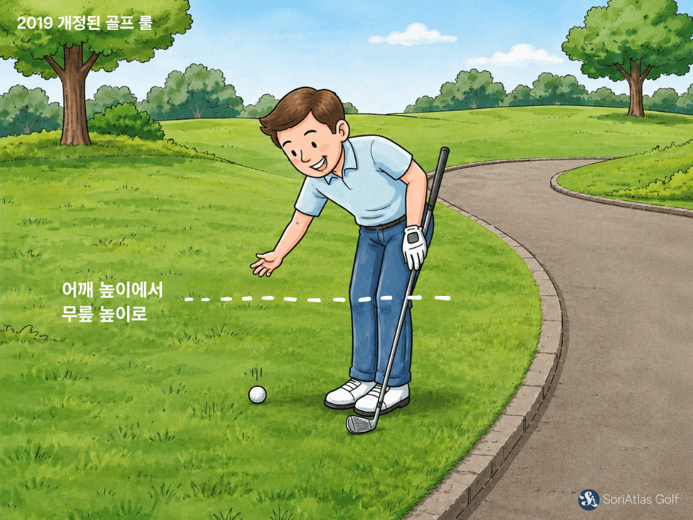 2019 개정된 골프 룰에서 드롭은 어깨높이에서 무릎높이로 가능게 변경되었다.