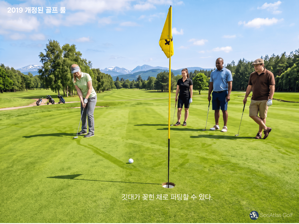 2019 개정된 골프 룰에서 그린에서 깃대를 꽂은 채로 퍼팅할 수 있게 되었다.